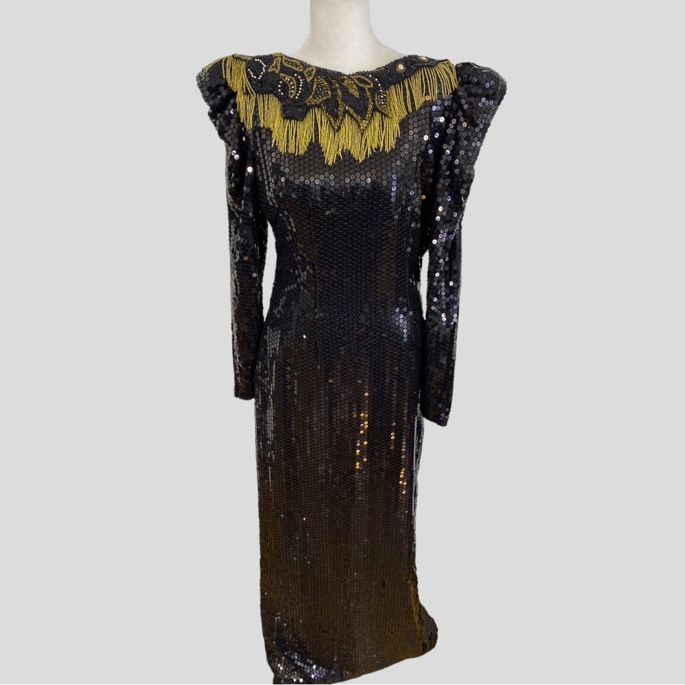 Vintage Alyce Designs Black Sequin Beaded Fringe Puff Shoulder Gown